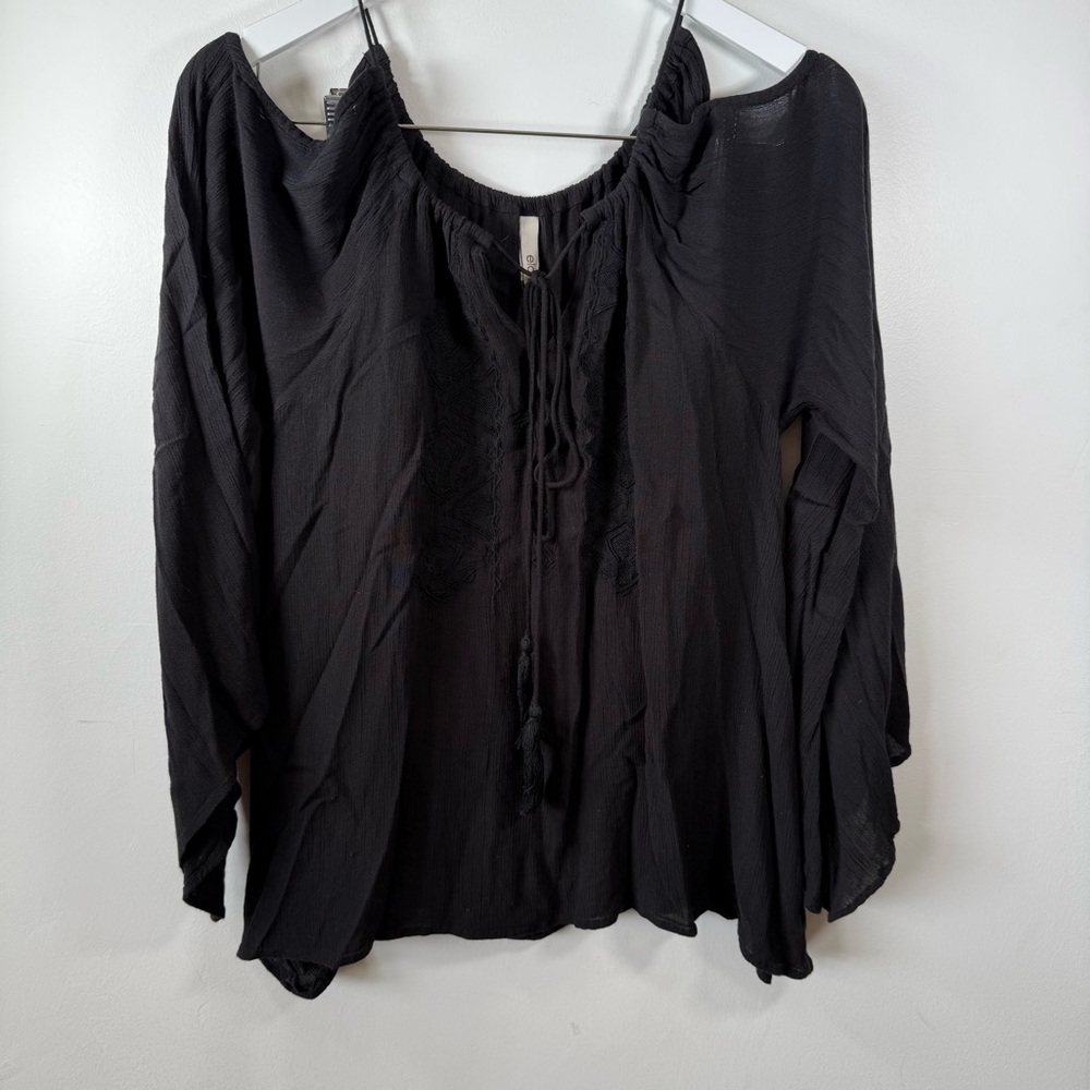 Elan Black Boho Peasant Blouse Embroidered Tassel Tie Front O/S